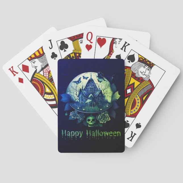 Green Purple Gothic Haunted House Happy Halloween Playing Cards (Back)