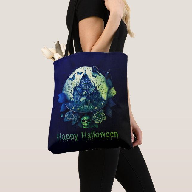 Green Purple Gothic Haunted House Happy Halloween Tote Bag (Close Up)