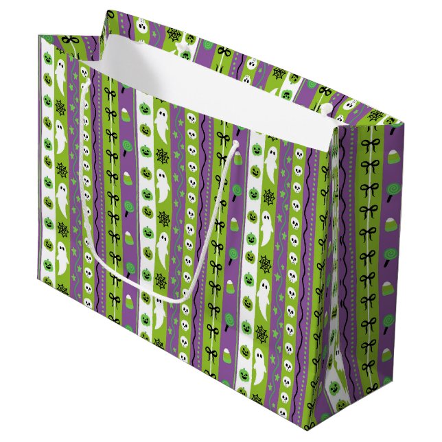 Green Purple Halloween Pattern Large Gift Bag (Front Angled)