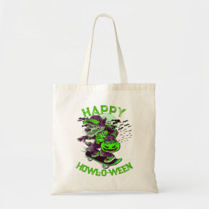Green Purple Happy Howl-o-ween Wolf Skateboarding Tote Bag
