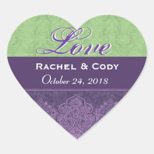Green Purple Love Bride and Groom Date V08A Heart Sticker