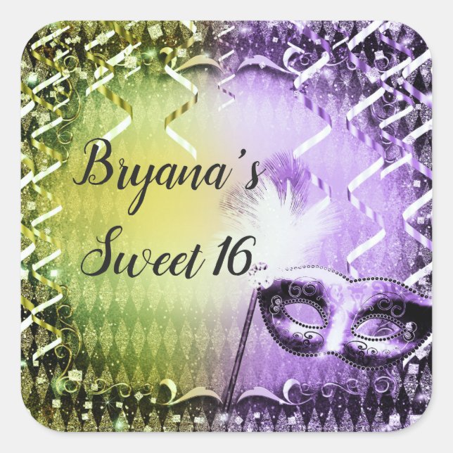 Green & Purple Masquerade Mask Mardi Gras Party Square Sticker (Front)