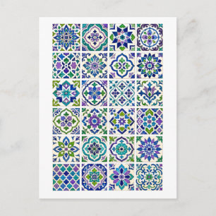 Green & Purple Moroccan Tile Collage Illustration Postcard