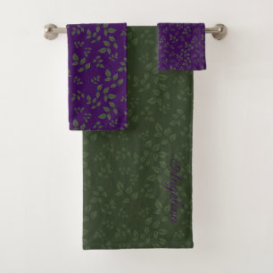 Green purple pattern leaves monogram bath towel set