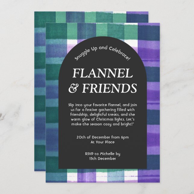 Green Purple Plaid Flannel & Friends Christmas Invitation (Front/Back)