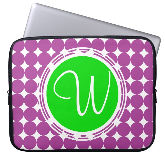 Green & Purple Polka Dot Monogram Laptop Sleeve (Front)