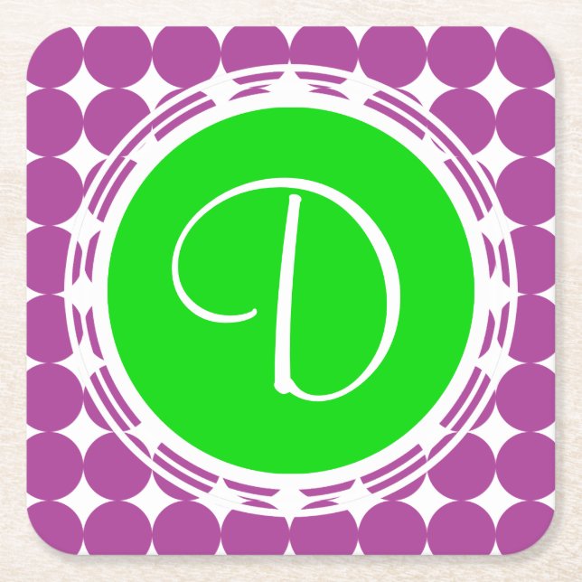Green & Purple Polka Dot Monogram Square Paper Coaster (Front)