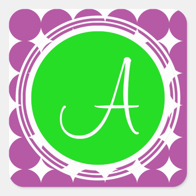 Green & Purple Polka Dot Monogram Square Sticker (Front)