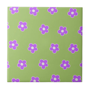 Green Purple Retro Y2K Flower Pattern Ceramic Tile
