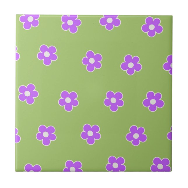 Green Purple Retro Y2K Flower Pattern Ceramic Tile (Front)