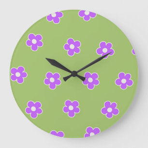 Green Purple Retro Y2K Flower Pattern Large Clock