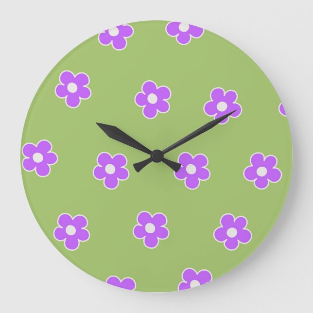 Green Purple Retro Y2K Flower Pattern Large Clock (Front)
