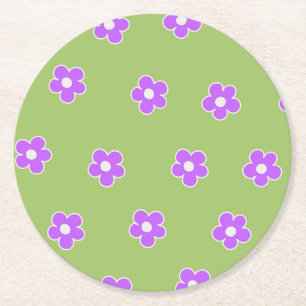 Green Purple Retro Y2K Flower Pattern Round Paper Coaster