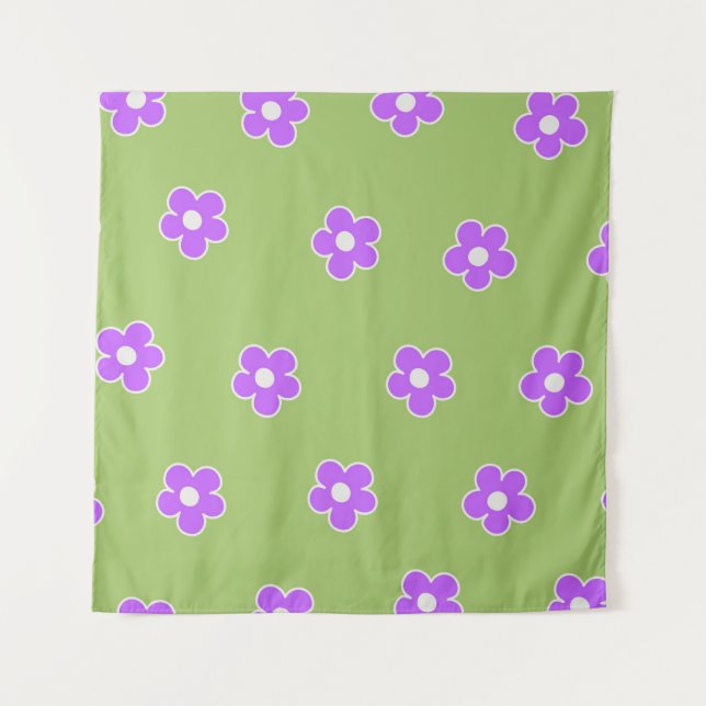 Green Purple Retro Y2K Flower Pattern Tapestry (Front)