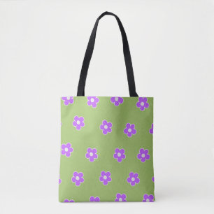 Green Purple Retro Y2K Flower Pattern Tote Bag