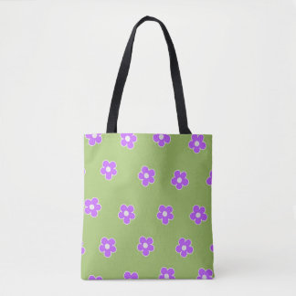 Green Purple Retro Y2K Flower Pattern Tote Bag