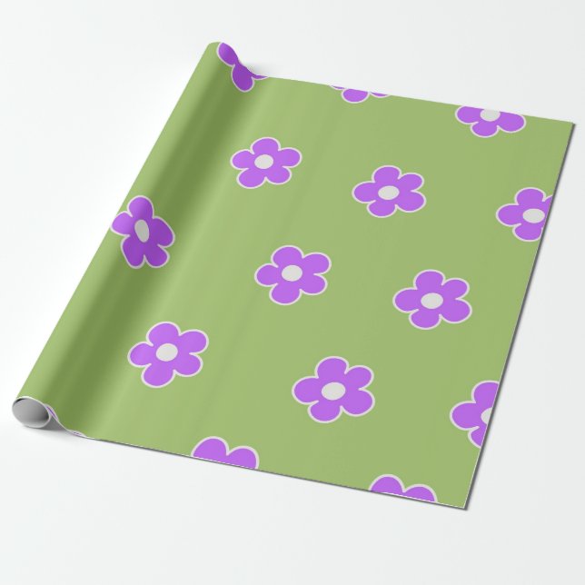 Green Purple Retro Y2K Flower Pattern Wrapping Paper (Unrolled)