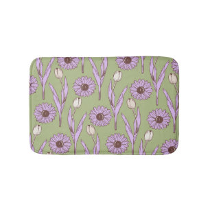 Green Purple Retro Y2K Funky Hippie Flower Pattern Bath Mat