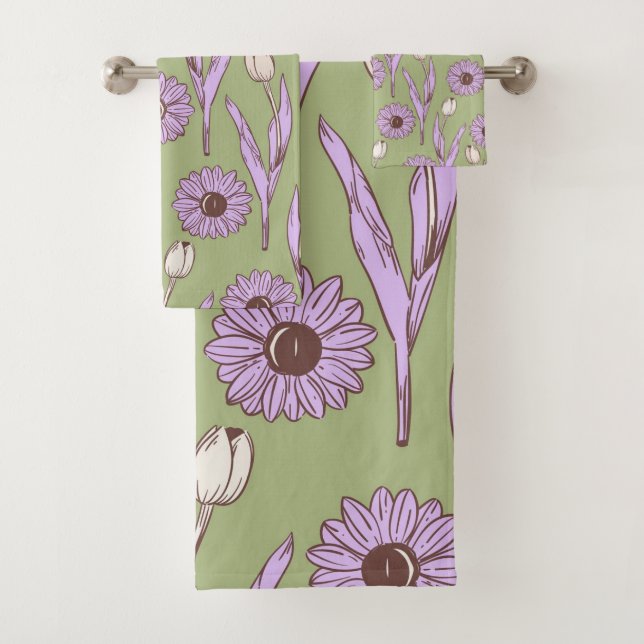 Green Purple Retro Y2K Funky Hippie Flower Pattern Bath Towel Set (Insitu)