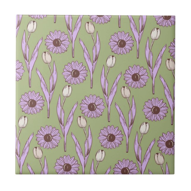 Green Purple Retro Y2K Funky Hippie Flower Pattern Ceramic Tile (Front)