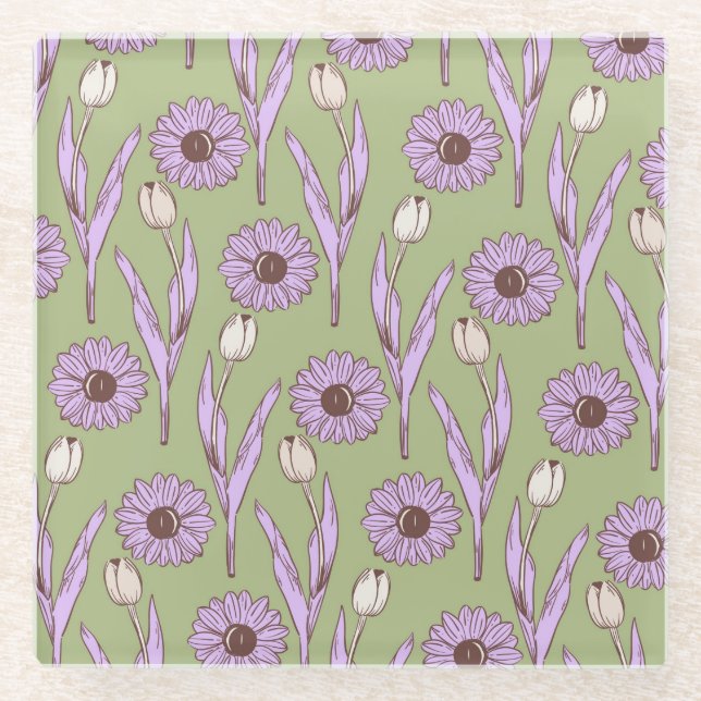 Green Purple Retro Y2K Funky Hippie Flower Pattern Glass Coaster (Front)