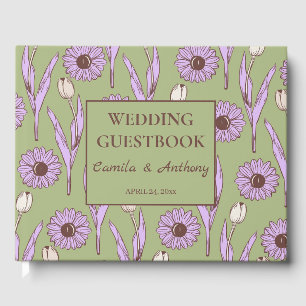 Green Purple Retro Y2K Funky Hippie Flower Pattern Guest Book