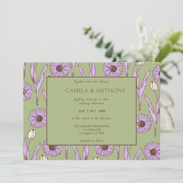 Green Purple Retro Y2K Funky Hippie Flower Pattern Invitation (Standing Front)