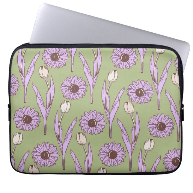 Green Purple Retro Y2K Funky Hippie Flower Pattern Laptop Sleeve (Front)