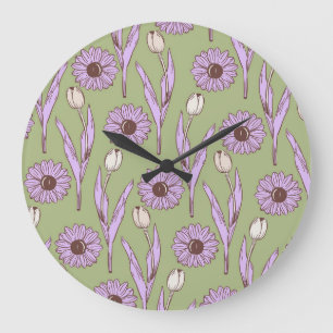 Green Purple Retro Y2K Funky Hippie Flower Pattern Large Clock