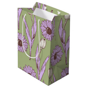 Green Purple Retro Y2K Funky Hippie Flower Pattern Medium Gift Bag
