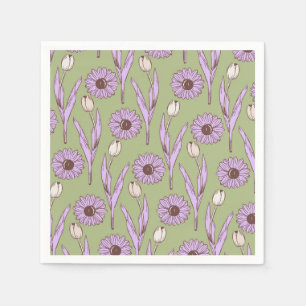 Green Purple Retro Y2K Funky Hippie Flower Pattern Napkin