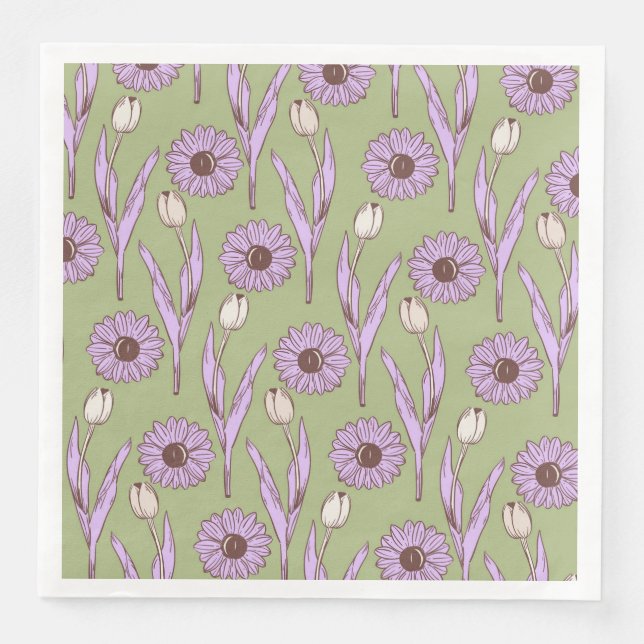 Green Purple Retro Y2K Funky Hippie Flower Pattern Napkin (Front)