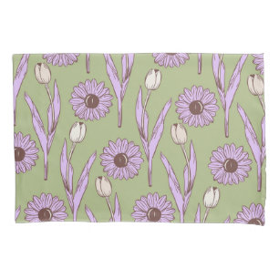 Green Purple Retro Y2K Funky Hippie Flower Pattern Pillowcase