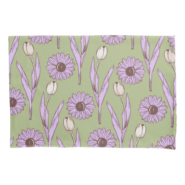 Green Purple Retro Y2K Funky Hippie Flower Pattern Pillowcase (Front)