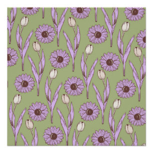 Green Purple Retro Y2K Funky Hippie Flower Pattern Poster