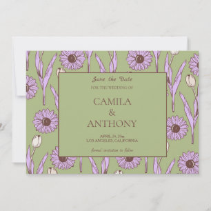 Green Purple Retro Y2K Funky Hippie Flower Pattern Save The Date