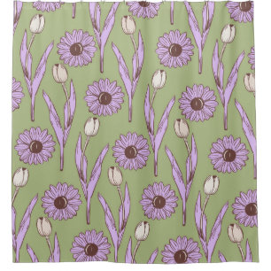 Green Purple Retro Y2K Funky Hippie Flower Pattern Shower Curtain