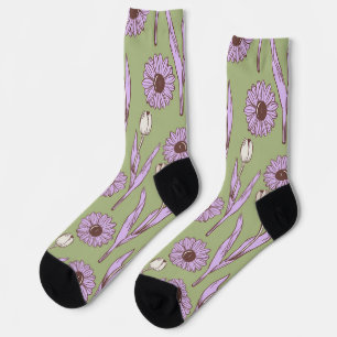 Green Purple Retro Y2K Funky Hippie Flower Pattern Socks