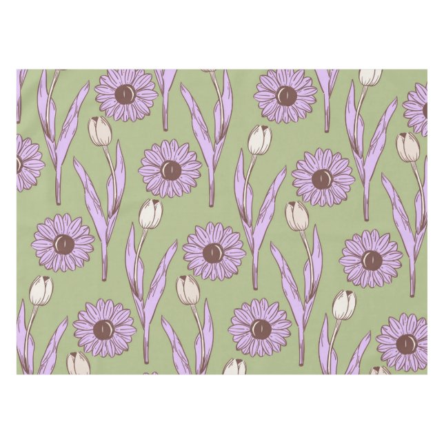 Green Purple Retro Y2K Funky Hippie Flower Pattern Tablecloth (Front (Horizontal))