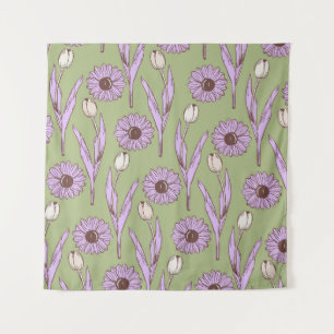 Green Purple Retro Y2K Funky Hippie Flower Pattern Tapestry