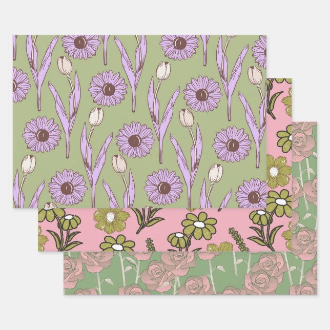 Green Purple Retro Y2K Funky Hippie Flower Pattern Wrapping Paper Sheet (Set)