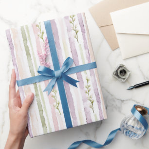 Green Purple Stripes Floral Birthday Wrapping Paper