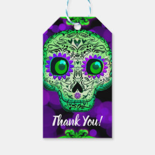 Green & Purple Sugar Skull Glowing Halloween Party Gift Tags
