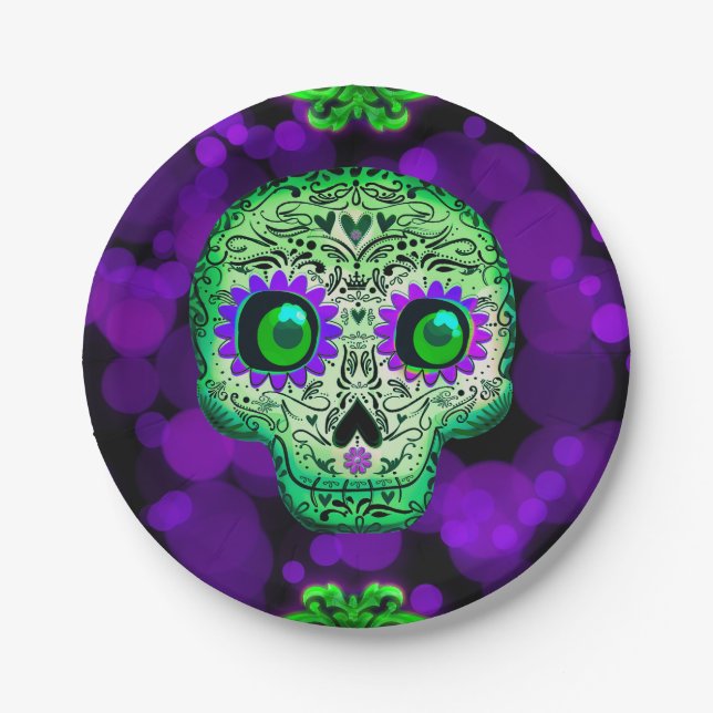Green & Purple Sugar Skull Glowing Halloween Party Paper Plate (Front)