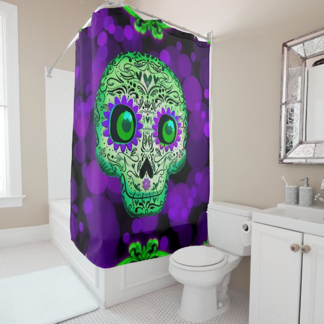 Green & Purple Sugar Skull Glowing Halloween Shower Curtain (In Situ)