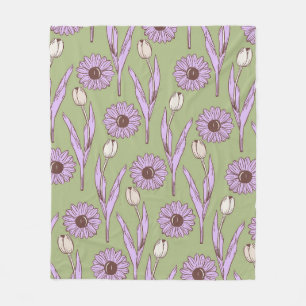 Green Purple Tropical Floral Botanical Summer Fleece Blanket
