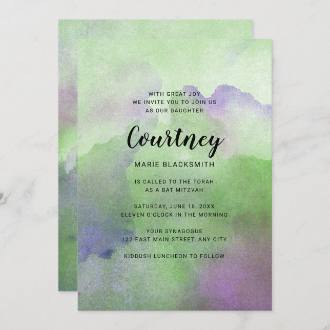 Green Purple Watercolor Bat Mitzvah Invitations (Front/Back)