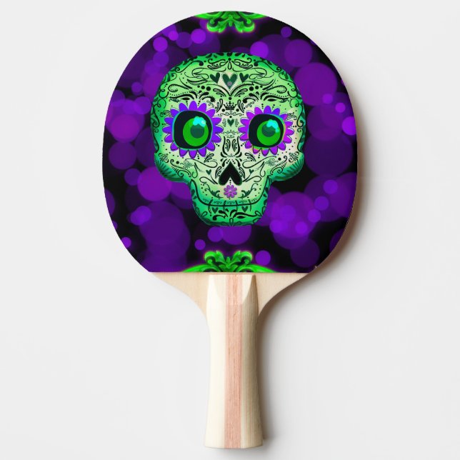 Green & Purple Whimsical Glowing Sugar Skull Ping Pong Paddle (Front)