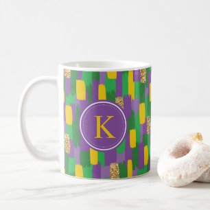 Green Purple Yellow Brushstrokes Pattern Monogram Coffee Mug