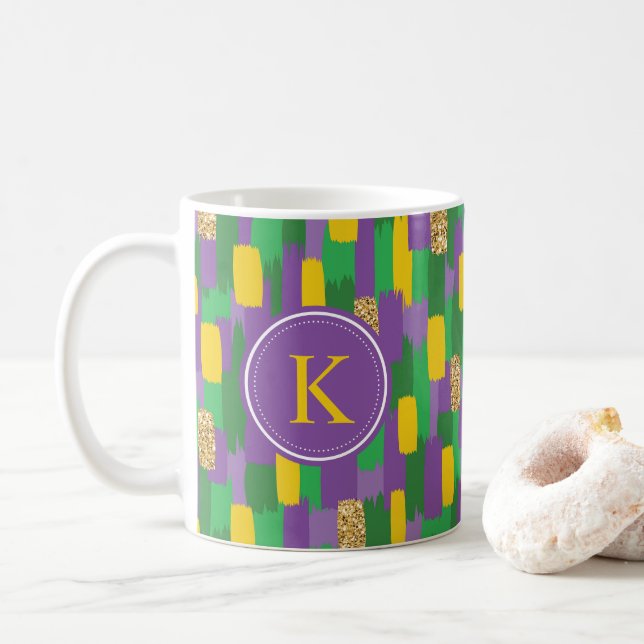 Green Purple Yellow Brushstrokes  Pattern Monogram Coffee Mug (With Donut)